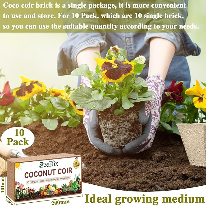ZeeDix 10 Pack Coconut Coir Bricks, 100% Organic Compressed Coco Coir Brick Seed Starter Potting Soil for Plants, Premium Coconut Fiber Substrate with Low EC & pH Balance for Gardening Flower Herbs
