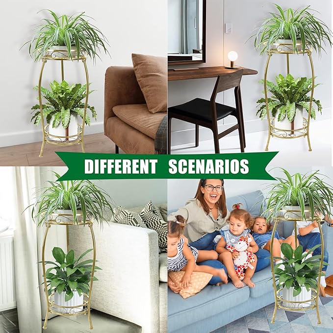 MOCORY Plant Stand Indoor Outdoor 2 Tier 27" Tall Metal Potted Holder Rack Flower Pot Stand Heavy Duty Plant Shelf Rustproof Iron Multiple Plant Round Supports Rack for Planter Corner Garden Balcony