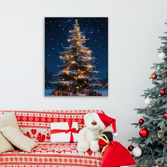 Framed Christmas Pictures Wall Decor,Vintage Pine Tree Prints,Winter Christmas Canvas Wall Art Decoration for Bedroom Bathroom Living Room Rustic Xmas Holiday Gifts (Christmas Tree 13, 16'' X 24'')
