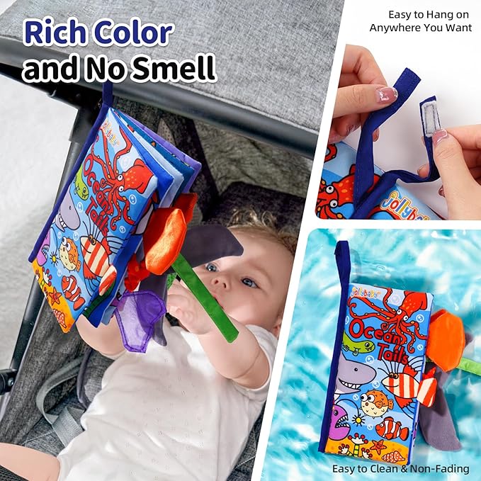 Jollybaby Baby Cloth Books, Touch & Feel Crinkle Soft Books, for Infants Babies, Toddler Early Educational Interactive Stroller Toys, Baby Girl & Boy Gift(Ocean Tails)