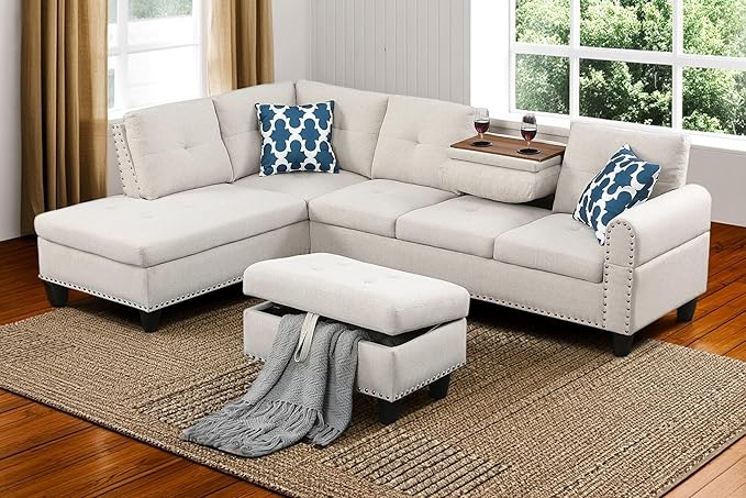 98 Inch L Shaped Sectional Sofa with Chaise Lounge, Storage Ottoman and 2 Pillows, 4-Seaters Linen Upholstered Tufted Couch w/Cupholder & Nailhead Trim for Living Room, Office, Beige