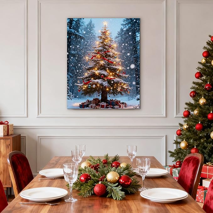 Framed Christmas Pictures Wall Decor,Vintage Pine Tree Prints,Winter Christmas Canvas Wall Art Decoration for Bedroom Bathroom Living Room Rustic Xmas Holiday Gifts (Christmas Tree 16, 12'' X 16'')