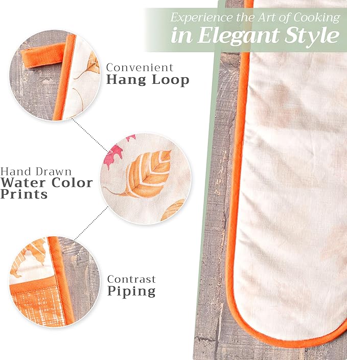 Maison d' Hermine Double Oven Mitt (7" x 35") 100% Cotton Heat Resistant BBQ Cooking Gloves with Loop for Thanksgiving Christmas Decorations Baking Cooking Handling Hot Pan (Colours of Autumn)
