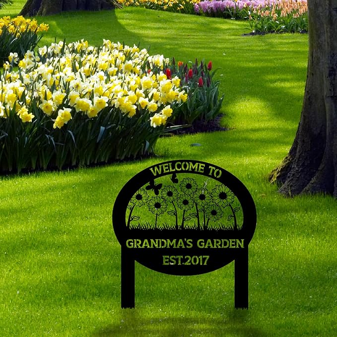 Personalized Metal Garden Sign with Stake, Custom Flowers Garden Decor for Outdoor, Custom Family Name Sign, Patio Decorations, Lawn Art, Farmhouse Decorative, Housewarming Gift