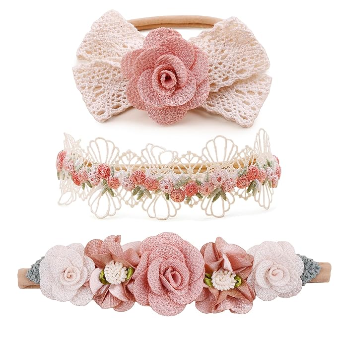 Baby Girl Nylon Headbands Flower Hair Bows Accessories-Elastic Hair Band Crown Handmade FLoral Wraps Birthday Gifts for Girls Newborn Infant Toddler 3Pcs