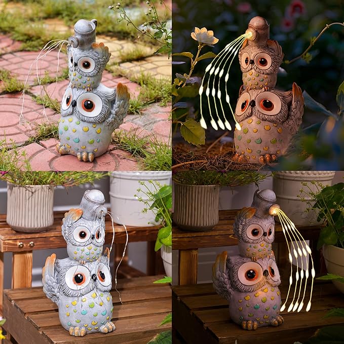 Solar Garden Statues Outdoor Decor, Watering Owl Statue Garden Decor, Resin Yard Decorations Outdoor for Patio, Porch, Balcony, Lawn Ornaments, House Warming Birthday Gifts for Mom Women Grandma