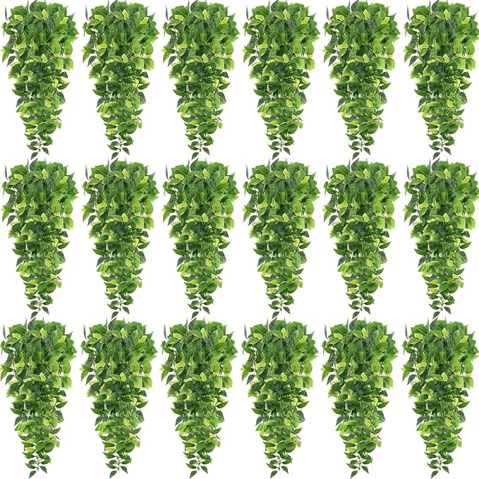 Hoteam 18 Pcs Artificial Hanging Plants 32 Inch Fake Ivy Vines with Fake Leaves Patio Artificial Plants Greenery for Living Room Indoor Outdoor Wall, No Basket (Pothos)