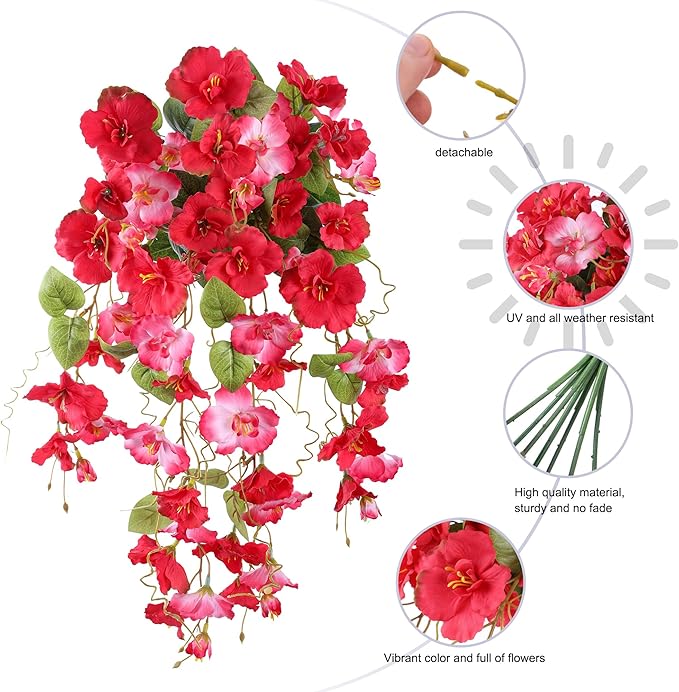 Artificial Hibiscus Fake Hanging Flowers Plants for Outdoors Spring Decoration, 4pcs Faux Silk Outside Hibiscus Long Trailing Vines Realistic UV Resistant for Front Door Planter Porch Patio Yard Urn