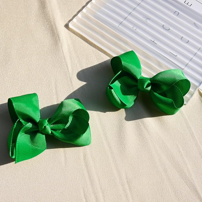 2 PCS 3inchs Hair Bows for Girls Grosgrain Ribbon Hair Bow Alligator Clips Hair Accessories for Baby Girls Toddlers(Green)