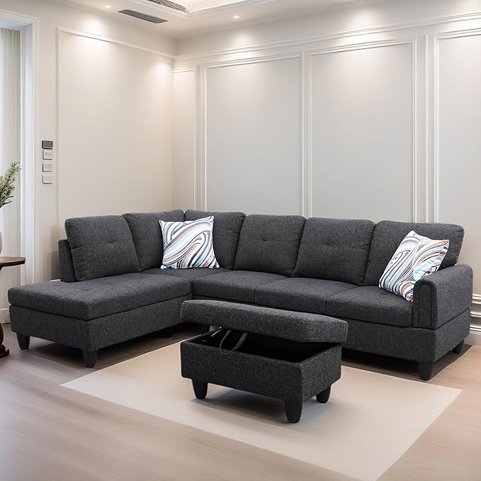 L Shaped Sectional Couches for Living Room, Modern Modular Sectional Sofa with Ottoman Storage, Comfy L Shaped Couch with Chaise for Bedroom Apartment Furniture, Gray