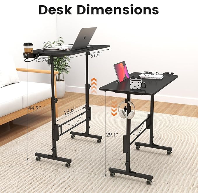 Hadulcet Small Standing Desk Adjustable Height, Mobile Stand Up Desk with Wheels, Portable Walking Pad Table Stand, Rolling Laptop Cart for Standing or Sitting, Black