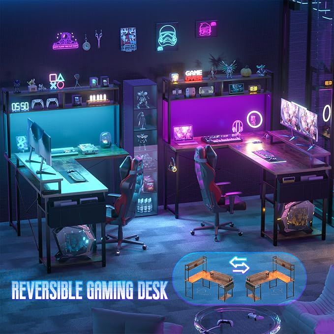 Small L Shaped Gaming Desk with Power Outlets, 48" Reversible L Shaped LED Computer Desk with Monitor Stand & Storage Shelf, Corner Gamer Desk Home Office Desk with Storage Bag, Rustic Brown