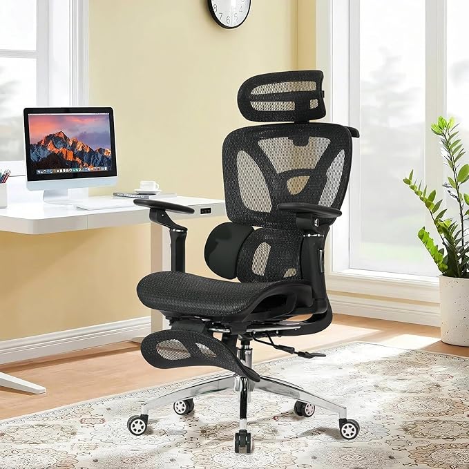 Ergonomic Mesh Office & Gaming Chair with Footrest, High Back Home Office Desk Chair, Comfortable 3D Lumbar Support, 130° Tilt, Adjustable Seat Depth, Adjustable 6D Armrest & 3D Headrest