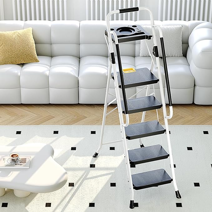KINGRACK Folding 5-Step Ladder, 800 lbs Capacity Step Stool with Safety Lock, Tool Tray, Non-Skid Wide Steps, Handrail, Household Folding Ladder for Home, Garden, Painting, Outdoor, and Garage, White