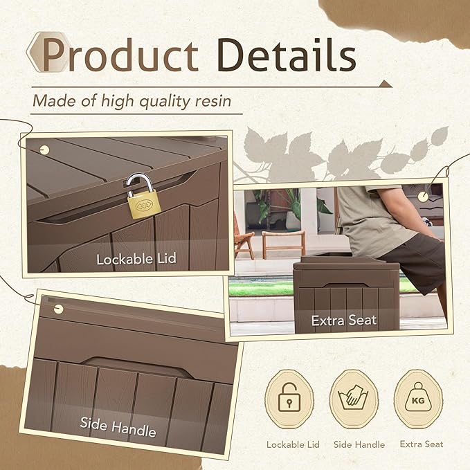 Flamaker Deck Box 31 Gallon Waterproof Resin Small Deck Box with Lid, Indoor Outdoor Package Delivery Box, Organization and Storage for Patio Furniture, Garden Tools, Outdoor Cushions (Deep Brown)