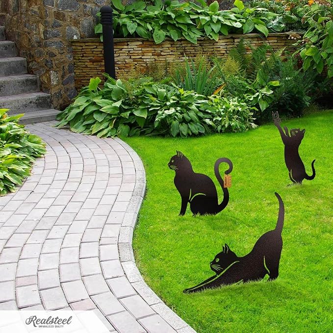 RealSteel I 3 Pack Steel Cat Garden Decor I Outdoor Yard Decorations I Gift for Cat Lovers I Lawn Ornaments and Statues I Garden Signs Decorative Outdoor - Textured Silver