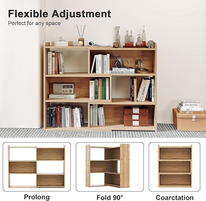 Open Shelf Low Bookcase,Wooden 4-Tier Floor Standing Expandable 25-47 inch Wide Bookcase,with Side Panels Frame for Home and Office