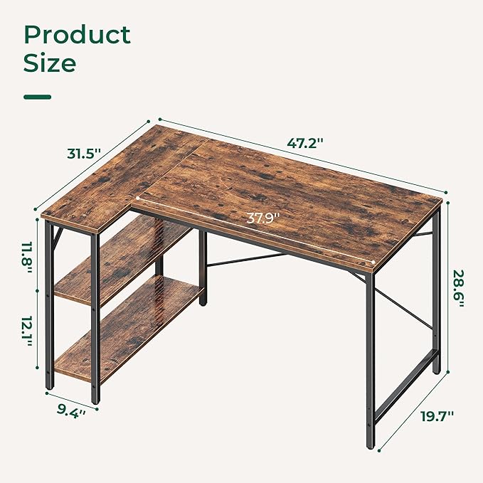 Huuger 47 Inches L Shaped Desk, Computer Desk with Reversible Storage Shelves, for Gaming Corner Home Office Writing Study, Metal Frame, Rustic Brown