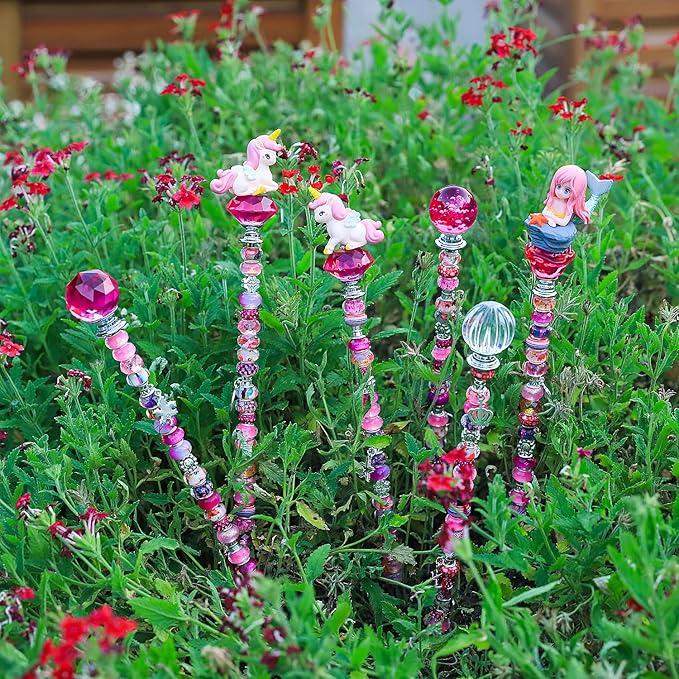 158 Pcs DIY Fairy Wand Garden Stakes Kit,Multiple Color Scheme European Beads Crystal Diamond Tops and 12 or 10 Inch Threaded Rods,Stainless Steel Stakes with Diamond Toppe(Rose Red)