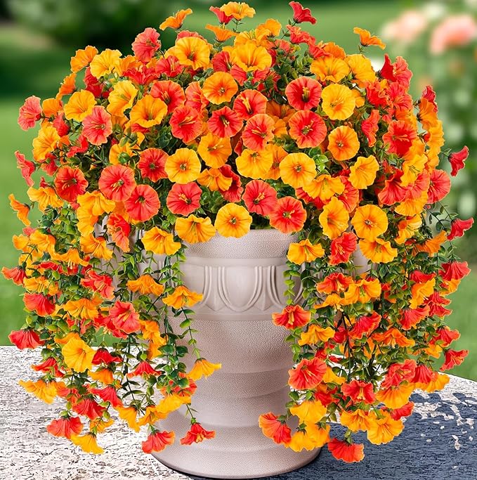 Artificial Faux Fall Hanging Flowers Plants for Outdoor Decor,2 PCS Fake Silk Morning Glory with Eucalyptus UV Resistant Realistic Vine for Wall Home Porch Patio Balcony Yard Decor,Yellow and Orange