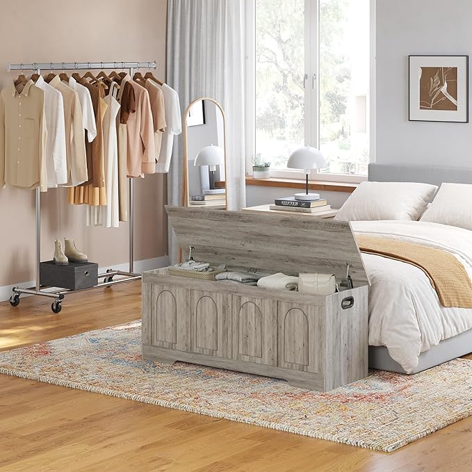 DINZI LVJ Storage Chest, 47.2”Wooden Storage Box with 2 Safety Hinges, Entryway Shoe Bench with Flip-Top, Large Trunk for Living Room, Bedroom, Easy Assembly, Gray Wash