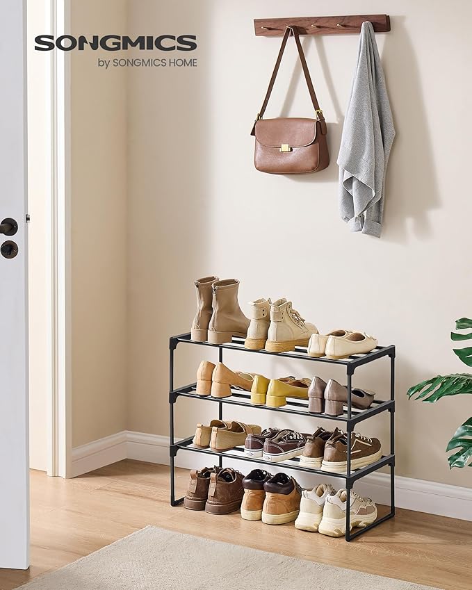SONGMICS Shoe Rack, 3-Tier Shoe Organizer, Metal Storage Shelf, Upright or Upside Down, for 8-12 Pairs, Stackable, for Entryway, 11.8 x 26.8 x 21.7 Inches, Black ULSA203B01