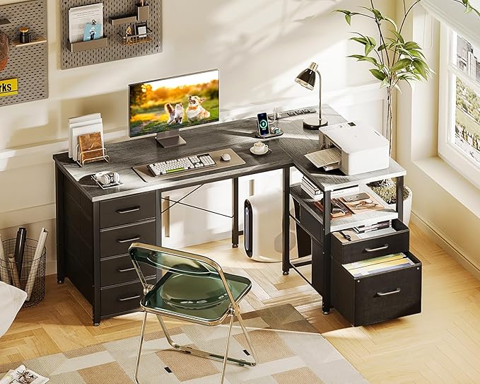 Coleshome L Shaped Computer Desk with 6 Drawers & Power Outlet, 55 Inch Corner Desk with Reversible Storage Shelf & File Drawer, Home Office Desk, Grey Oak