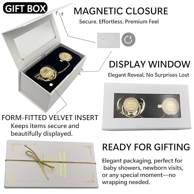 Personalized Name Bling Rose Gold Pacifier and Clip Set Ideal Gift for Baby Shower New Born Photoshoot & Keepsake (Gray)