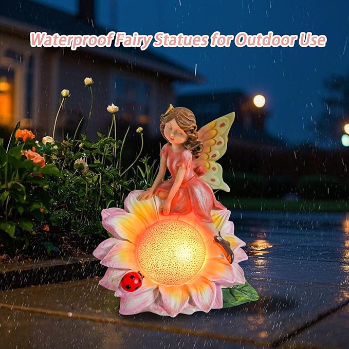 Fairy Garden Statues Outdoor Decor, Solar Fairy Lights Outdoor Sunflower Decor Lawn Ornaments Resin Sculptures Fairies Garden Decor for Outside Yard Art Patio Porch, Gifts for Women Mom