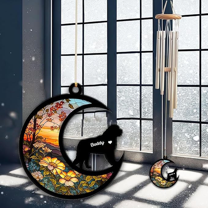 Saint Bernard Sun Catcher Wind Chime, Custom Sunflower Suncatcher Dog Memorial Wind Chime, Dog Loss Gift, Dog Sympathy Gift, Pet Loss Suncatcher, Outdoor Garden Decor