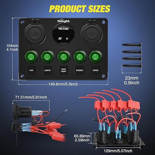 Nilight 5 Gang Multi Function Waterproof Switch Panel PD Type C and USB Socket Digital Voltmeter 12V Outlet Rocker with Inline Fuse for RVs Cars Boats Trucks Trailers Green