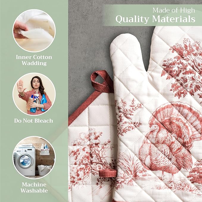 Maison d' Hermine 100% Cotton Oven Mitt & Pot Holder Set (7.5"x13" & 8"x8") Heat Resistant BBQ Cooking Gloves with Loop for Thanksgiving Christmas Decorations Handling Hot Pans (Holy Jouy - Red)