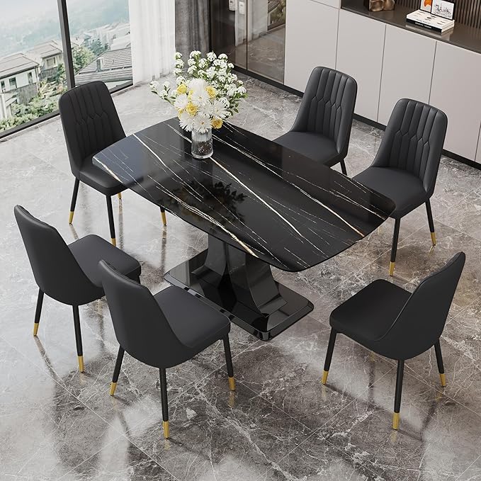 Modern Dining Table Set for 6, Marble Kitchen Table Chair Set for 6, Rectangular Kitchen Table with 6 Pu Leather Upholstered Chair for Dining Room (Black Table with 6 Black Chairs)