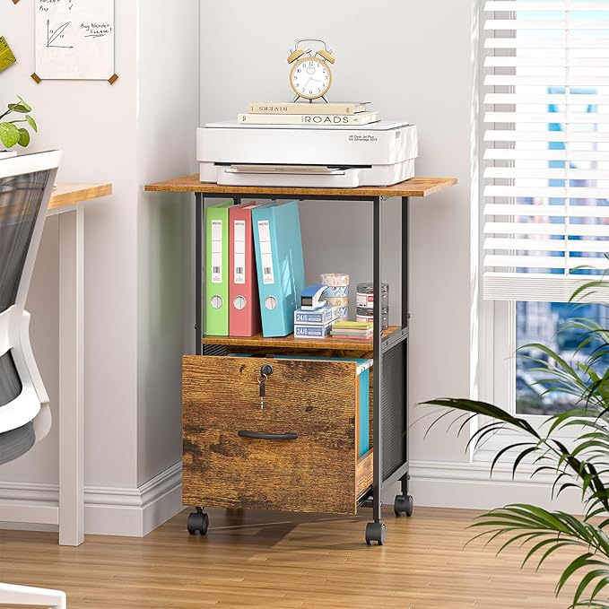 Small Filing Cabinet with Lock, Printer Stand with File Storage, Rolling Locking File Cabinet with Drawer Vertical File Cart with Wheels, Lockable Filing Cabinet for Home Office
