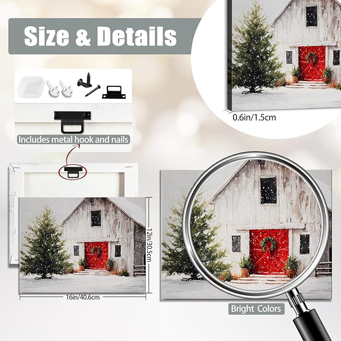 Vintage White Barn & Snowy Tree Winter Landscape Canvas Wall Art - Farmhouse Christmas Framed Canvas Prints, Rustic Christmas Wall Decor for Living Room, Cozy Christmas Gifts & Festive Decorations