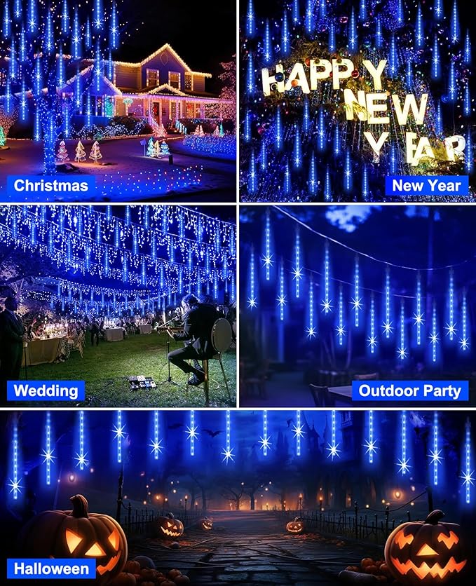 EAGWELL Christmas Lights Outdoor, 20 Inch 20 Tubes 1080 LED Blue Meteor Shower Lights, Cascading Snow Falling Icicle for Xmas Tree Yard Halloween Wedding Party Decor