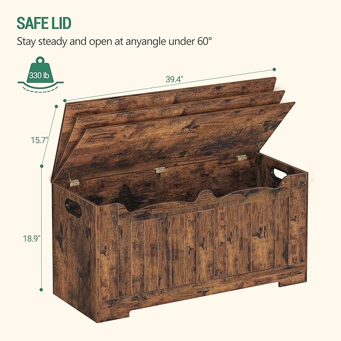 39.4" Storage Chest, Storage Bench Trunk with 2 Safety Hinge, Wooden Box, Lift-Top Chest Organizer, Shoe Bench for Entryway, Bedroom, Living Room, Rustic Brown SB01001X