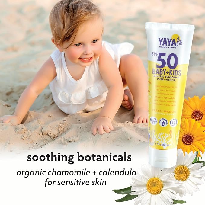 YAYA ORGANICS Baby + Kids Mineral Sunscreen Lotion, SPF 50, Reef-Friendly, Non-Nano Zinc Oxide, Water-Resistant, Hypoallergenic, Pure + Gentle for delicate skin, 3 oz