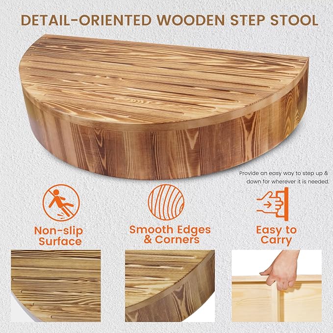 Solid Wooden One Step Stool, 5.2" High Semicircular Wood Bed Step for Elderly Adults Kids Safety to Get in & Out of High Bed, Kitchen, Bathroom(26.4" L, 550LBs Capacity)
