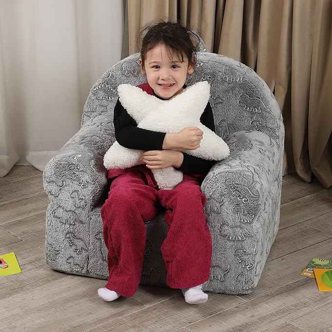 Dinosaur Glow in The Dark Kids Sofa with Star Throw Pillow, High Back Toddler Chair Glow in The Dark for Boys and Girls, Grey