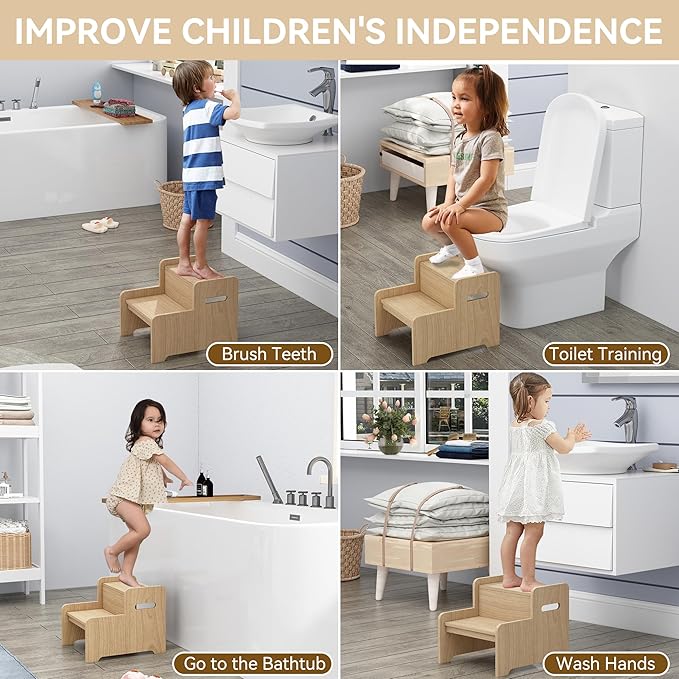 Wood Step Stools for Kids, Child Two Step Stool of DIY Shape, Toddler Step Stools Potty Training Stool, Easy to Move Safety for Kitchen, Bathroom, Bedroom, Toilet