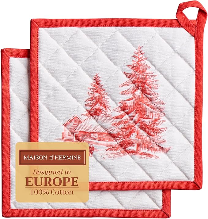 Maison d' Hermine Pot Holders Set 100% Cotton Heat Resistant Potholders 8" x 8" Hot Pads with Loop for Thanksgiving Christmas Decorations BBQ Cooking Baking Handling Hot Pans (Pack of 2, Winter Jouy)
