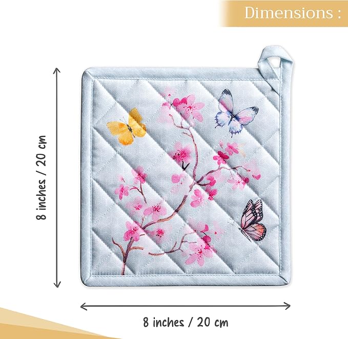 Maison d' Hermine Pot Holders 100% Cotton Heat Resistant Potholders 8" x 8" Hot Pads with Loop BBQ, Cooking, Baking, Grilling, Kitchen, Handling Hot Pans Spring/Summer (Pack of 1, Blossoms in Spring)