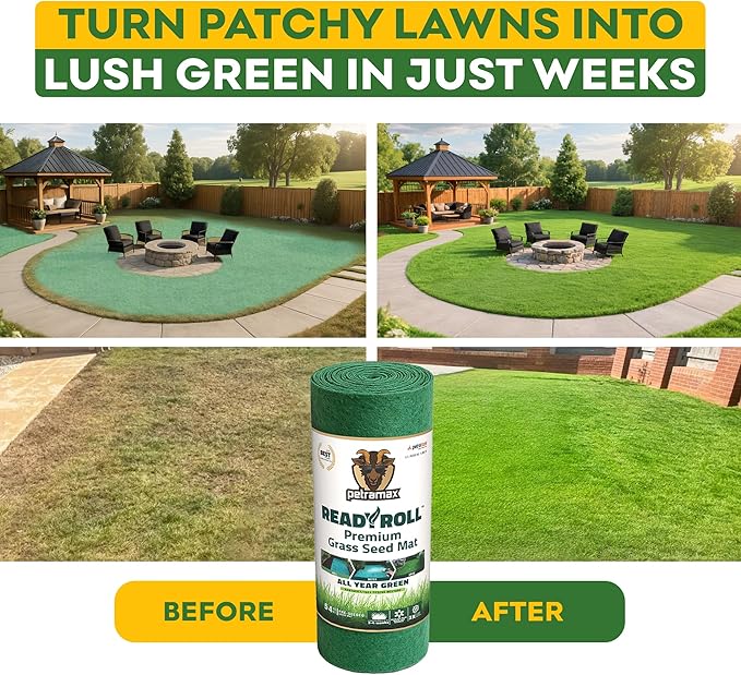 Petramax ReadyRoll Biodegradable Grass Seed Mat for Lawn (54 ft.) - All Year Green 3-in-1 Tall Fescue & Kentucky Grass Seed Rolls w/Mulch & Fertilizer - Lawn Repair Patch - Just Roll, Water, Grow