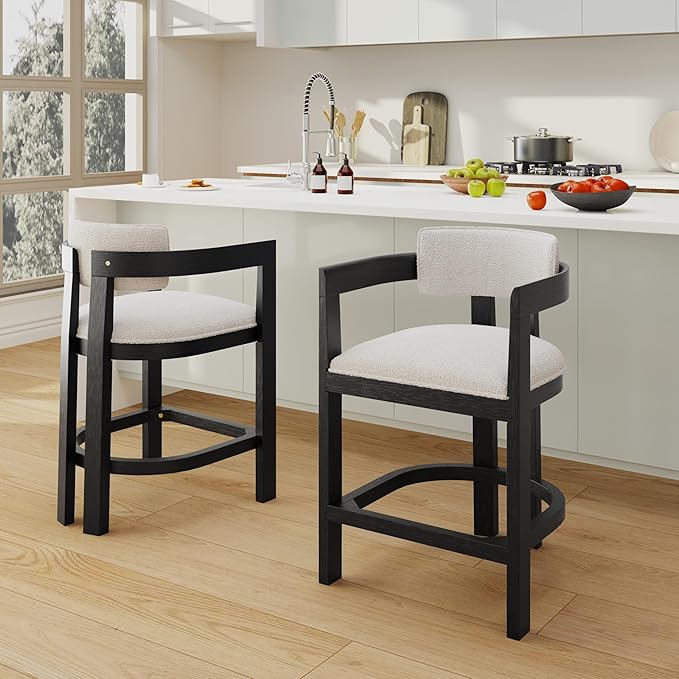 Christopher Knight Home Set of 2 Ryland Modern 26" Counter Height Bar Stools, Boucle Fabric Upholstered Counter Stools,Wooden Kitchen Island Armchair with Footrest, Round Backrest, Milky White+Black