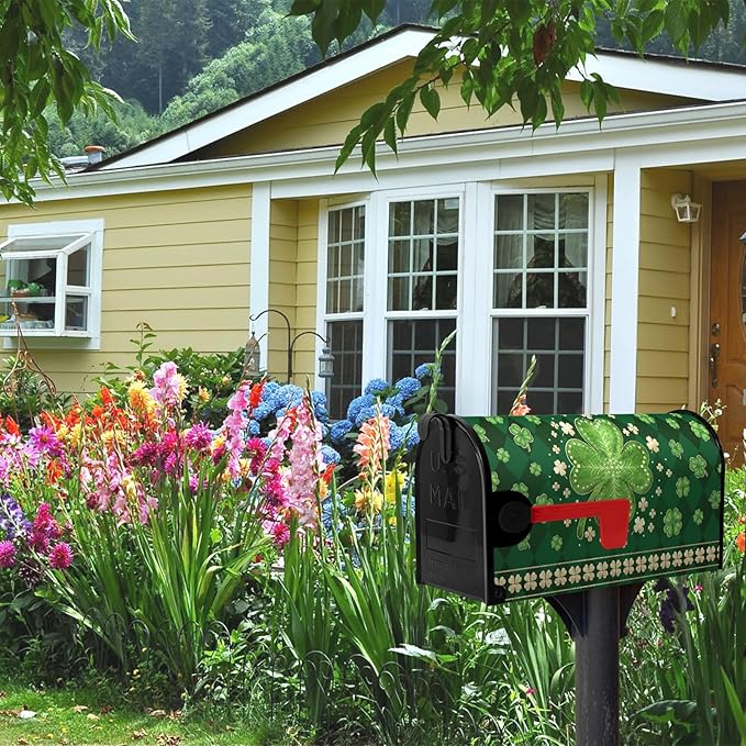 St Patrick's Day Mailbox Cover Magnetic Large Size 25.5 X 21 Inch Green Shamrock Clovers Magnetic Mailbox Covers Oversized Spring Post Letter Box Cover Wraps for Outside Garden Decor