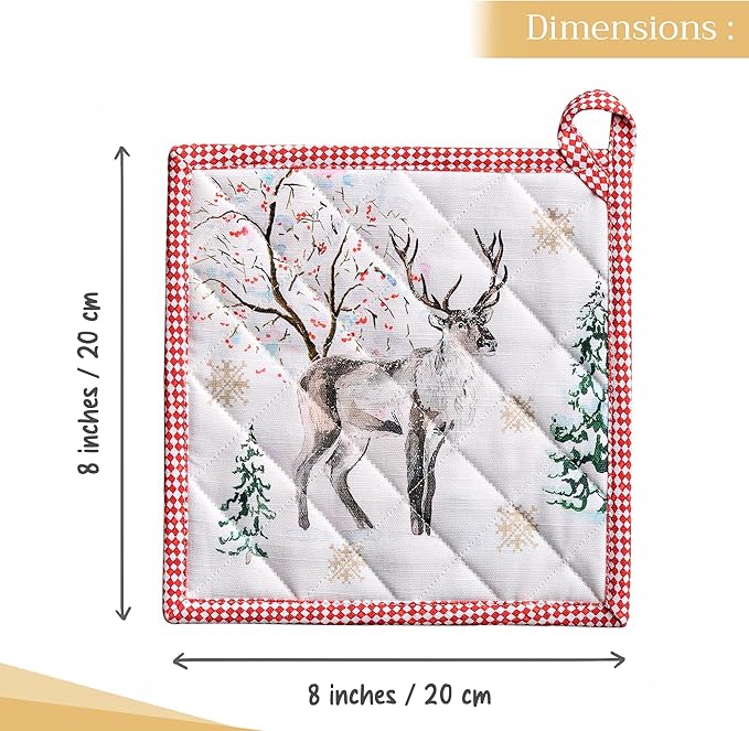 Maison d' Hermine Pot Holders Set 100% Cotton Heat Resistant Potholders 8" x 8" Hot Pads with Loop for Thanksgiving Christmas Decorations BBQ Baking Handling Hot Pans (Pack of 2, Rural Christmas)