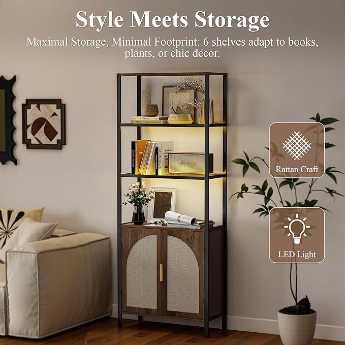 Bookshelf with Rattan Doors, 71" Tall Bookcase with Light and Adjustable Shelf, 5 Tier Book Shelf Storage Organizer for Bedroom, Living Room and Home Office