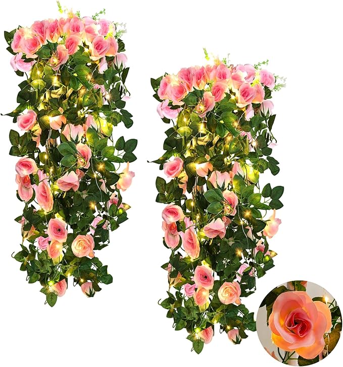 RECUTMS Hanging Flowers Artificial Rose Flower 2PCS 3.3Ft for Outdoors with 30 LED Fairy String Lights Fake Outdoor (Pink)