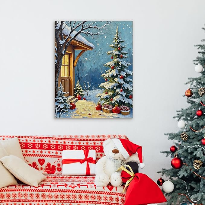 Framed Christmas Pictures Wall Decor,Vintage Pine Tree Prints,Winter Christmas Canvas Wall Art Decoration for Bedroom Bathroom Living Room Rustic Xmas Holiday Gifts (Christmas Tree 21, 12'' X 16'')